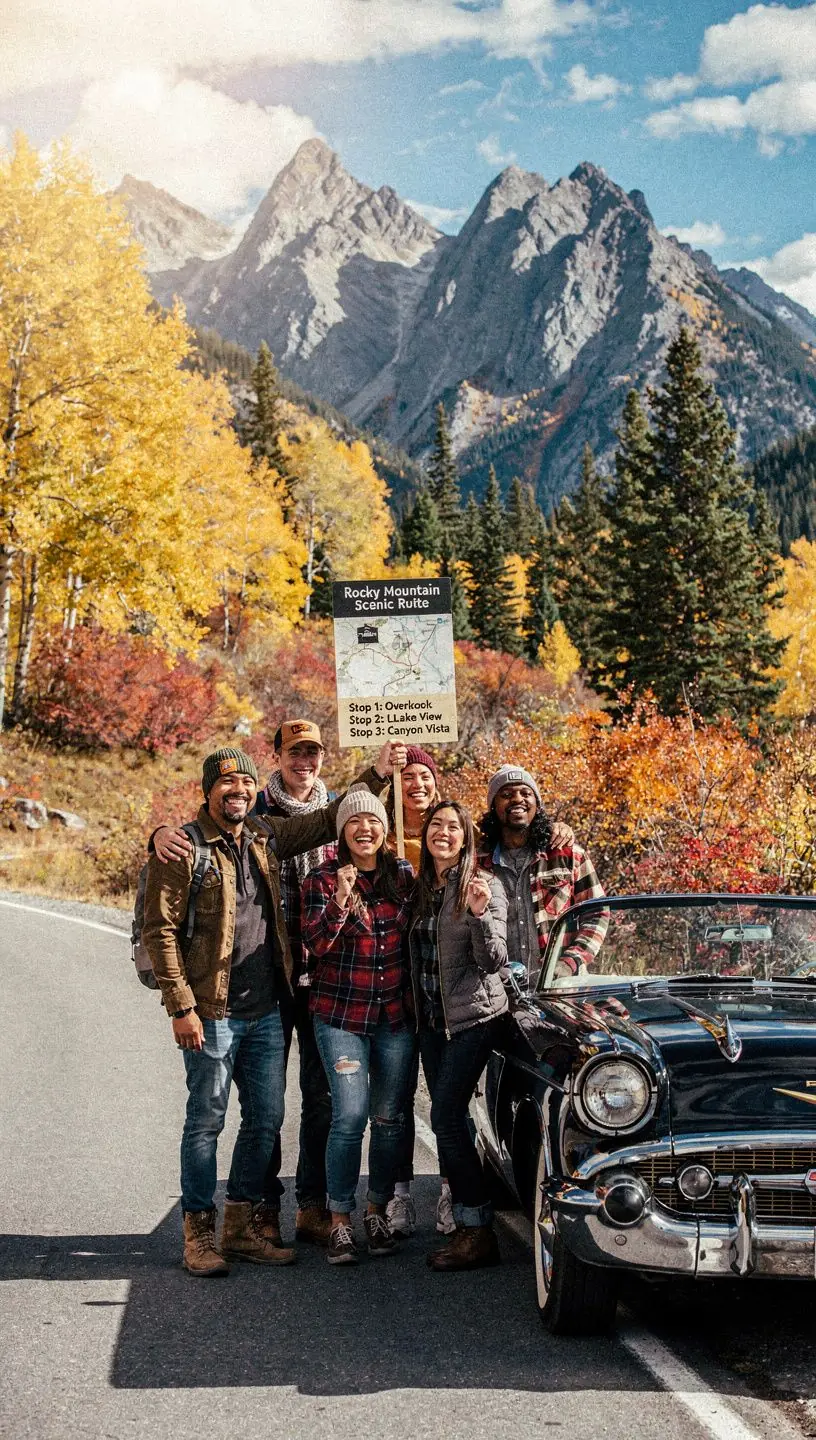 Автомобиль, едущий по живописной дороге, окруженной осенними листьями.